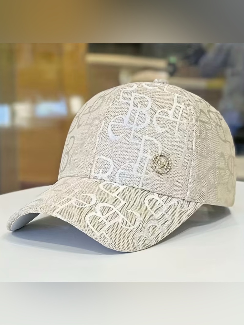 Hot Miami Styles White Logo Monogram Baseball Cap with Pin Beige